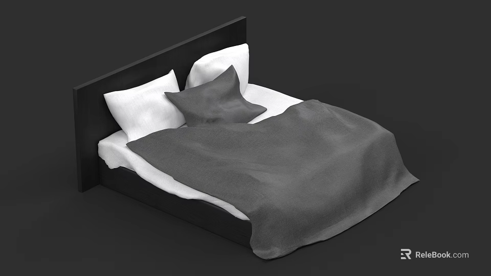 Modern Double Bed with Black Headboard White Pillows and Gray Bedding 3d model
