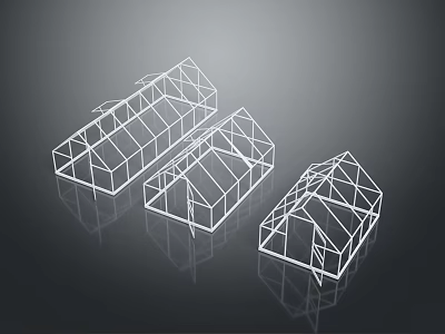 Three White Lined Building Frames Greenhouse Structures With Triangular Roofs On Dark Background With Reflections 3d model