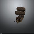Ancient Wooden Sailing Ship With Brown Sails And Multiple Masts As Historical Water Transport