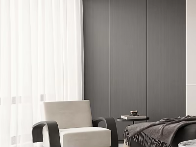 Modern Light Lounge Chair With Dark Armrests In Interior With Dark Gray Cabinetry White Curtains 3d model