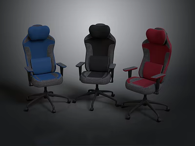 Three Ergonomic Office Chairs In Blue Black Red With High Back And Armrests 3d model