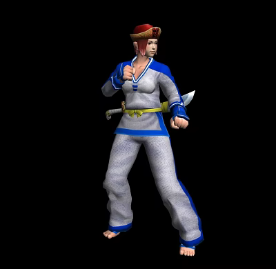 Game Movie Character In Blue White Outfit With Red Headband Yellow Belt Holding Short Swords 3d model