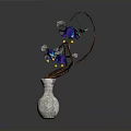 Decorative Silver Vase With Purple Flowers Brown Vine And Transparent Beads