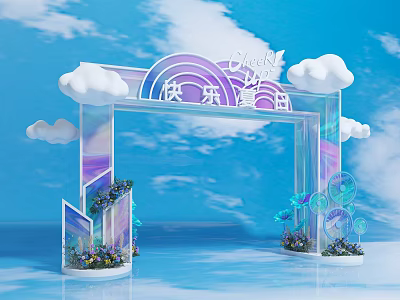 Event Entrance Arch With Rainbow Decoration Clouds Green Plants Transparent Material And Blue Sky Background 3d model