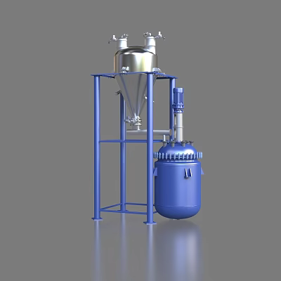Industrial Equipment With Blue Stand Silver Conical Tank And Blue Cylindrical Reactor Tank 3d model