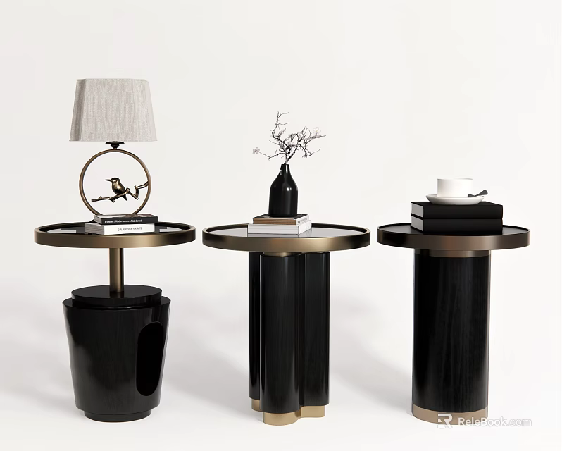 Three Round Side Tables With Black And Gold Bases Table Lamp Vase Books And Cup 3d model 