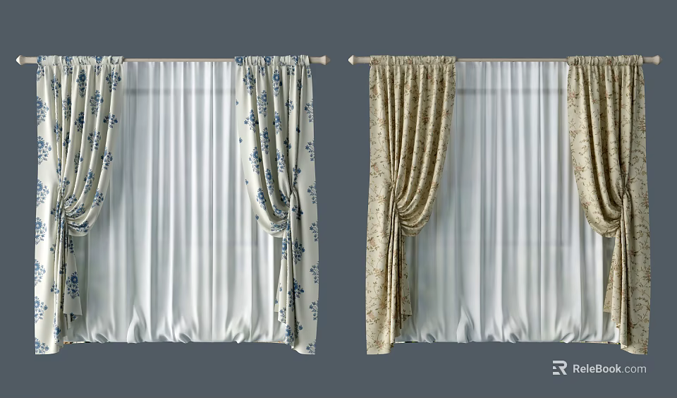 Elegant Double Layer Curtains With Blue White And Beige Floral Patterns And Valance Drapes 3d model 