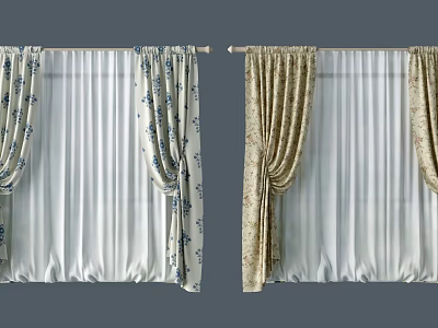 Elegant Double Layer Curtains With Blue White And Beige Floral Patterns And Valance Drapes 3d model