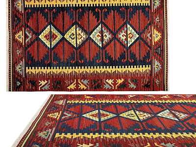 Square Rug Featuring Geometric Patterns Red Blue Yellow Traditional Decorative Design 3d model