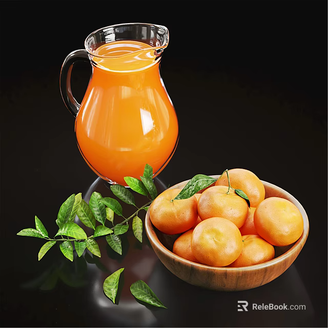 Fresh Orange Juice in Glass Pitcher with Wooden Bowl of Oranges and Green Leaves 3d model 
