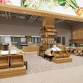 Modern Supermarket Interior Design With Wooden Shelves Display Counters And Watercolor Paintings