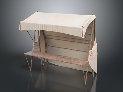 Beige Canvas Camping Tent with Awning and Wooden Bench Metal Frame for Outdoor Use 3d model