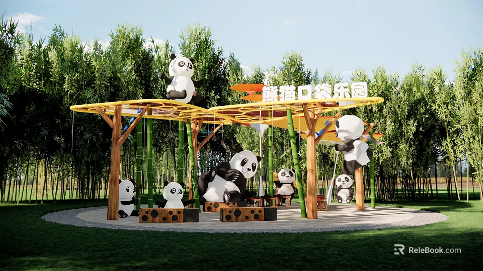 Panda Themed Playground Park Landscape With Play Structures Swings And Green Trees 3d model 