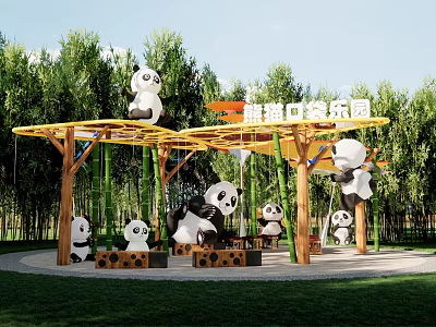 Panda Themed Playground Park Landscape With Play Structures Swings And Green Trees 3d model