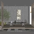 Serene Tea Room With Rock Wall Backdrop Traditional Painting Wooden Tea Table And Tea Sets