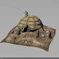 Small Person Sitting On Giant Tortoise Back With Red Objects And Stones On Brown Mat