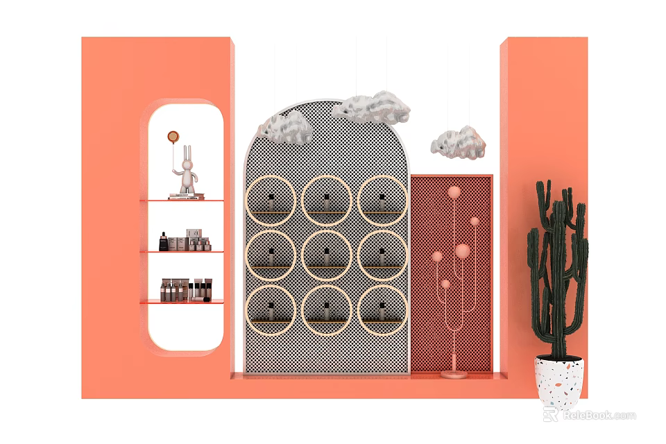 Orange Display Units With Gray Shelves Round Compartments Cloud Decorations Small Ornaments And Cactus Plant 3d model 