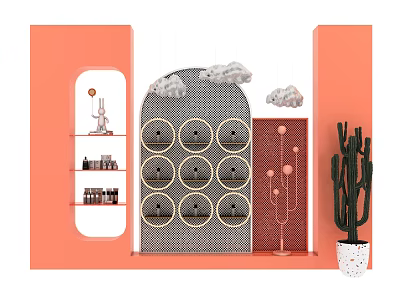 Orange Display Units With Gray Shelves Round Compartments Cloud Decorations Small Ornaments And Cactus Plant 3d model