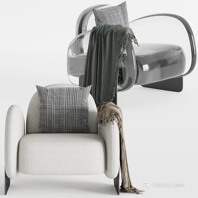 Light Colored Accent Chair With Plaid Pillow And Throw Blanket On Armrest 3d model 