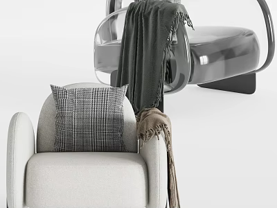 Light Colored Accent Chair With Plaid Pillow And Throw Blanket On Armrest 3d model