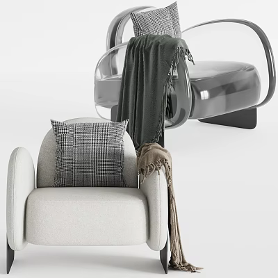 Light Colored Accent Chair With Plaid Pillow And Throw Blanket On Armrest 3d model