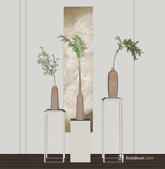 Elegant Vases With Green Plants On White Pedestals Against Beige Wall Backdrop 3d model 