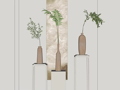 Elegant Vases With Green Plants On White Pedestals Against Beige Wall Backdrop 3d model