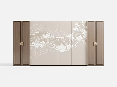 Traditional Chinese Sofa Backdrop Wall With Landscape Design And Wooden Cabinets 3d model