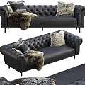 Luxurious Black Leather Three-Seater Sofa With Tufted Design Decorative Pillows And Fur Throw