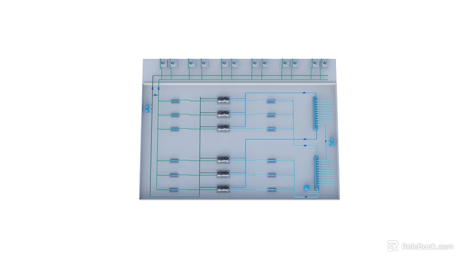 Industrial Factory Control Panel With Electrical Components Black Modules And Blue Wiring Layout 3d model