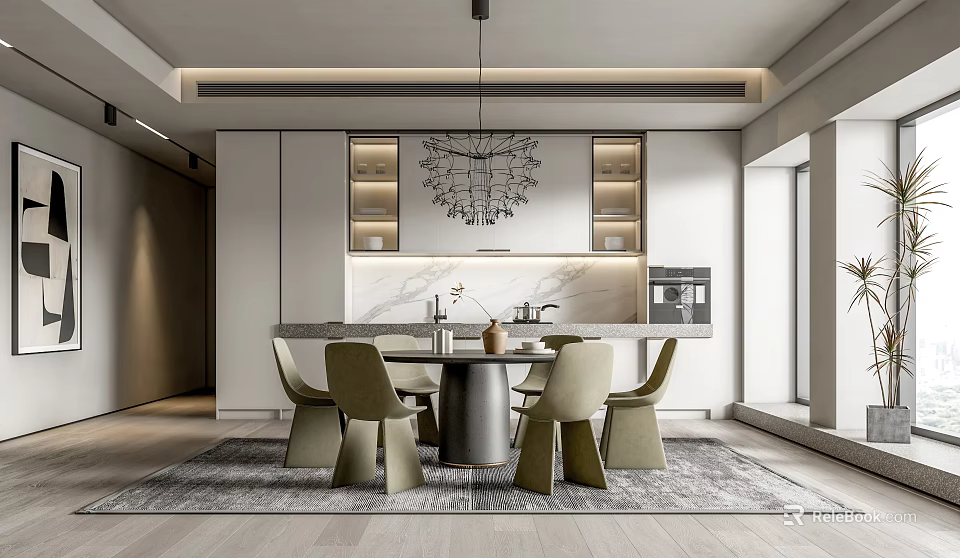 Modern Restaurant Interior With Round Dining Table Chandelier Marble Countertop And White Cabinets 3d model 