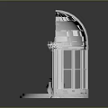 Classic Black Piano in White Arched Structure with Crystal Chandelier and Decorative Windows