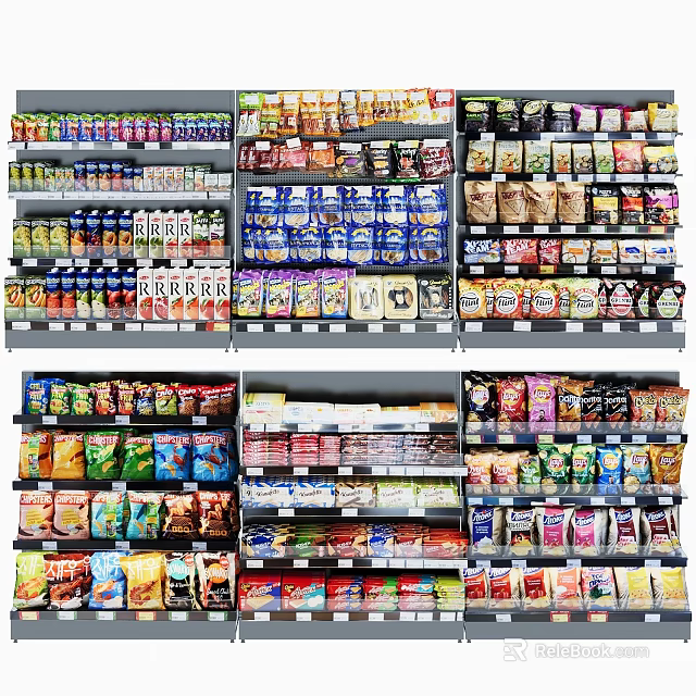 Multi Layered Retail Display Shelves With Various Packaged Snacks Drinks And Grocery Products 3d model 