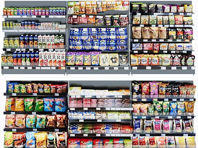 Multi Layered Retail Display Shelves With Various Packaged Snacks Drinks And Grocery Products 3d model