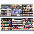 Multi Layered Retail Display Shelves With Various Packaged Snacks Drinks And Grocery Products