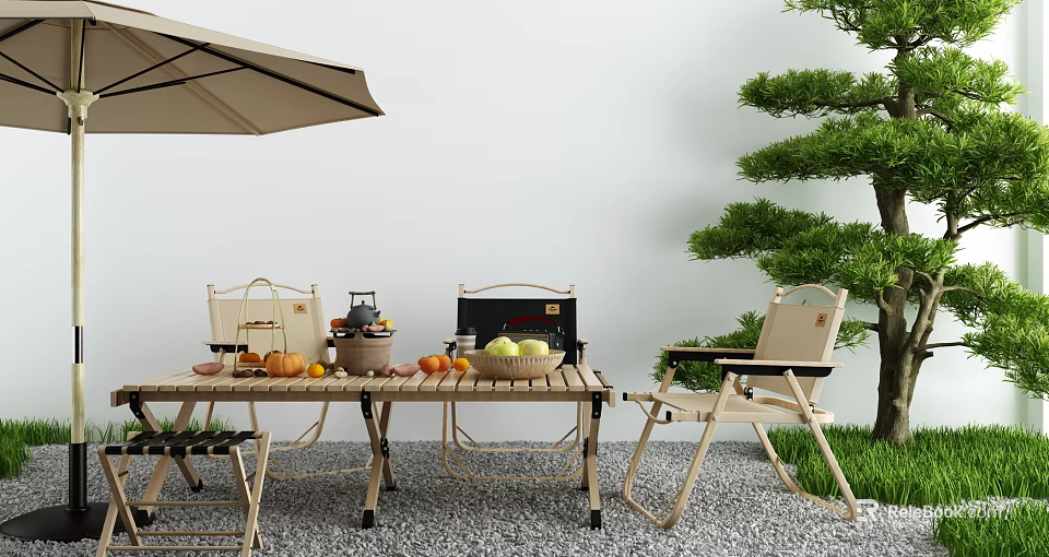 Outdoor Table with Umbrella Folding Chairs Picnic Basket Fresh Fruits and Pine Tree 3d model 
