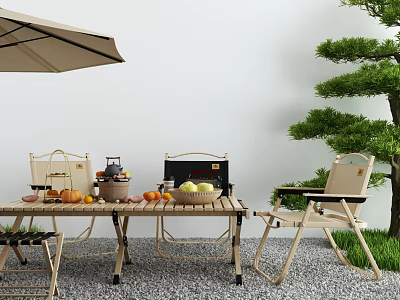 Outdoor Table with Umbrella Folding Chairs Picnic Basket Fresh Fruits and Pine Tree 3d model