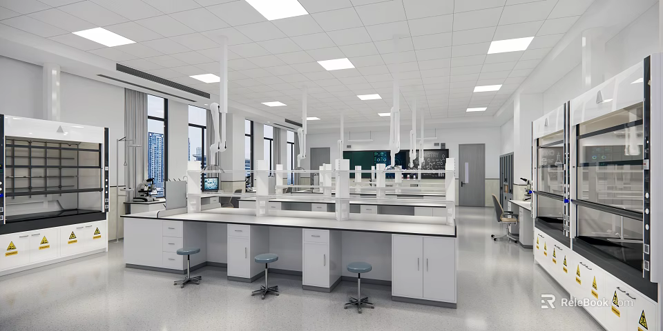 Modern Laboratory Interior With Lab Benches Fume Hoods Equipment And Windows 3d model 