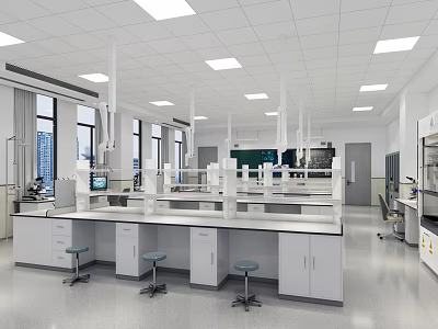 Modern Laboratory Interior With Lab Benches Fume Hoods Equipment And Windows 3d model