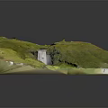 Stunning Green Valley Landscape With Waterfall Flowing River And Lush Grass