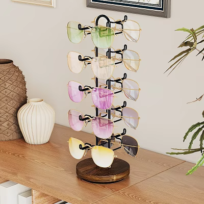 Entryway Hallway Interior Featuring Eyeglass Display Stand Colorful Eyeglasses Vases Green Plant And Wooden Table 3d model