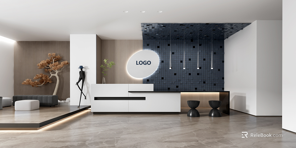 Modern Reception Area With White Desk Dark Blue Tiled Wall Pendant Lights And Circular LOGO 3d model 