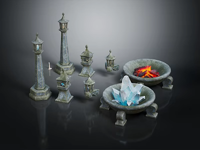 Mythical Stone Decorative Structures With Tall Towers Lanterns Flame And Crystal Bowls 3d model