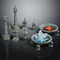 Mythical Stone Decorative Structures With Tall Towers Lanterns Flame And Crystal Bowls