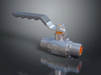 Silver Metal Ball Valve Featuring Handle And Orange Components With Reflective Surface 3d model