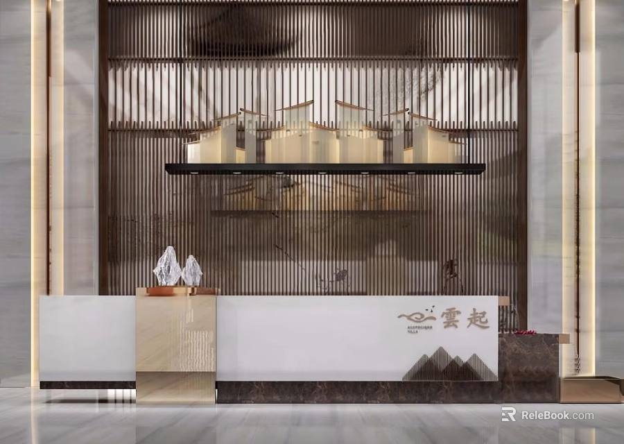 Modern Chinese Style Reception Desk With Wooden Lattice And Marble Countertop 3d model 