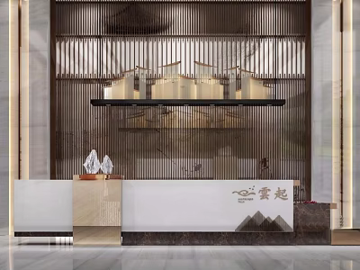 Modern Chinese Style Reception Desk With Wooden Lattice And Marble Countertop 3d model
