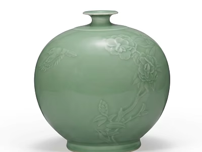 Elegant Green Ceramic Vase With Intricate Carved Floral And Bird Motifs 3d model