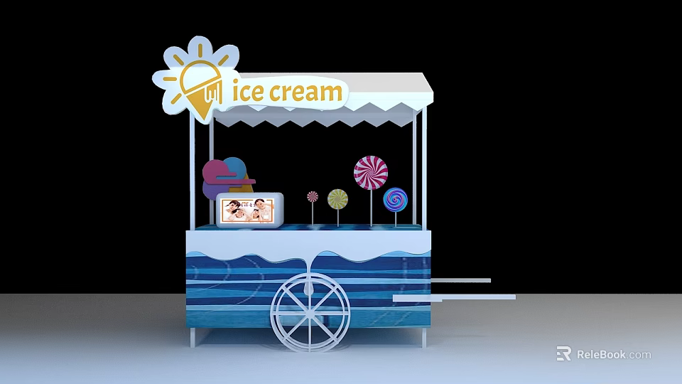 Colorful Ice Cream Cart Photo Spot With Sun Sign Awning Blue Wave Pattern And Lollipops 3d model 
