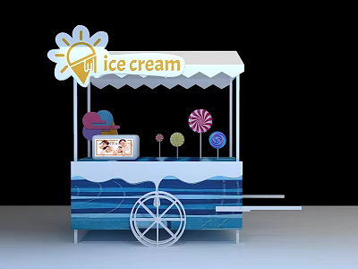 Colorful Ice Cream Cart Photo Spot With Sun Sign Awning Blue Wave Pattern And Lollipops 3d model